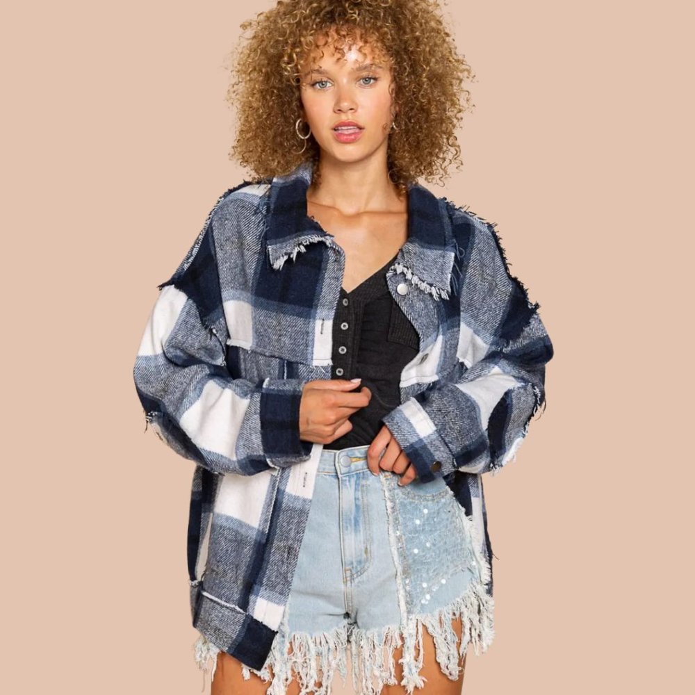 POL Blue Flannel Plaid Boho Jacket